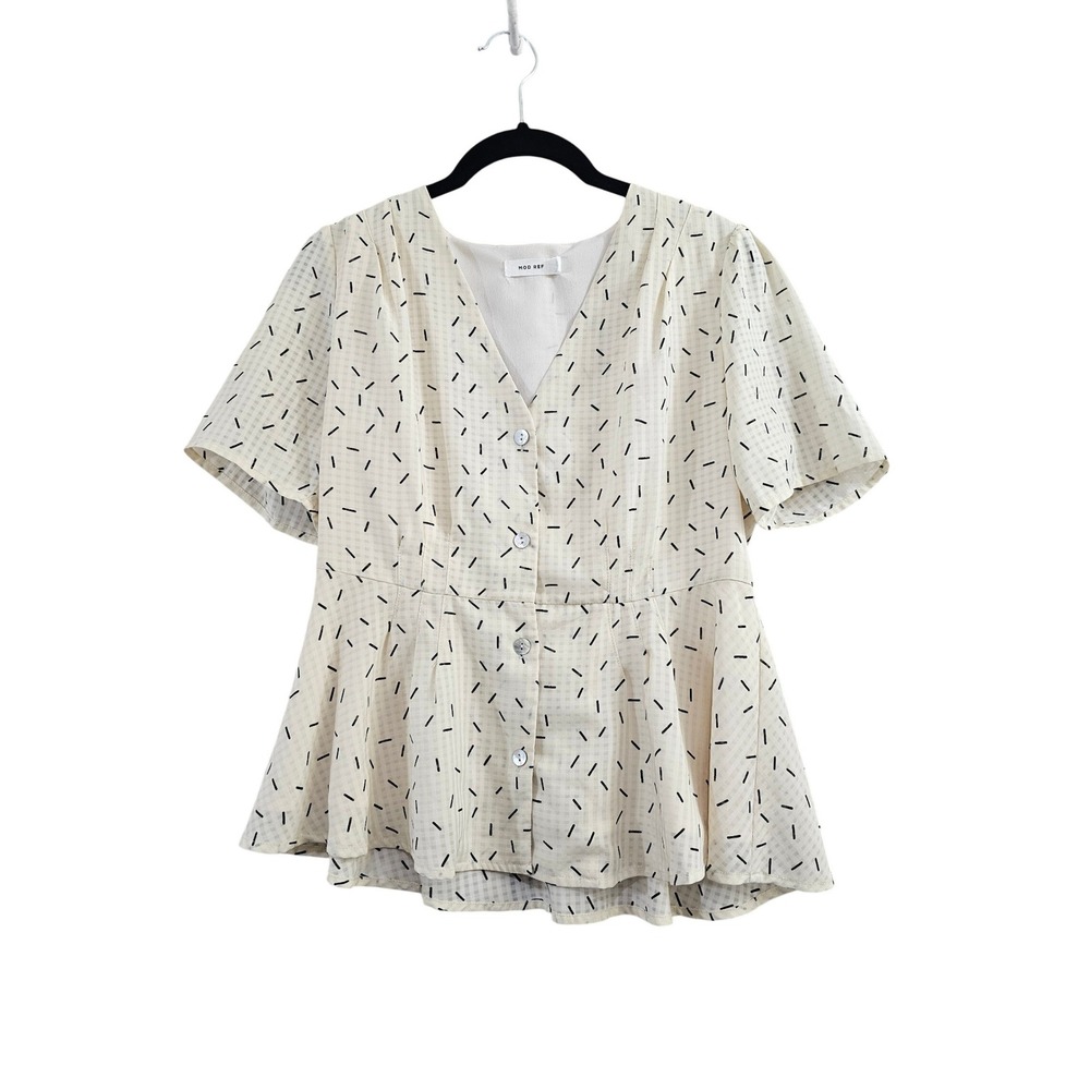 MOD REF Women Cream Black Dash Print Peplum Button Front V-Neck Top Size Medium‎